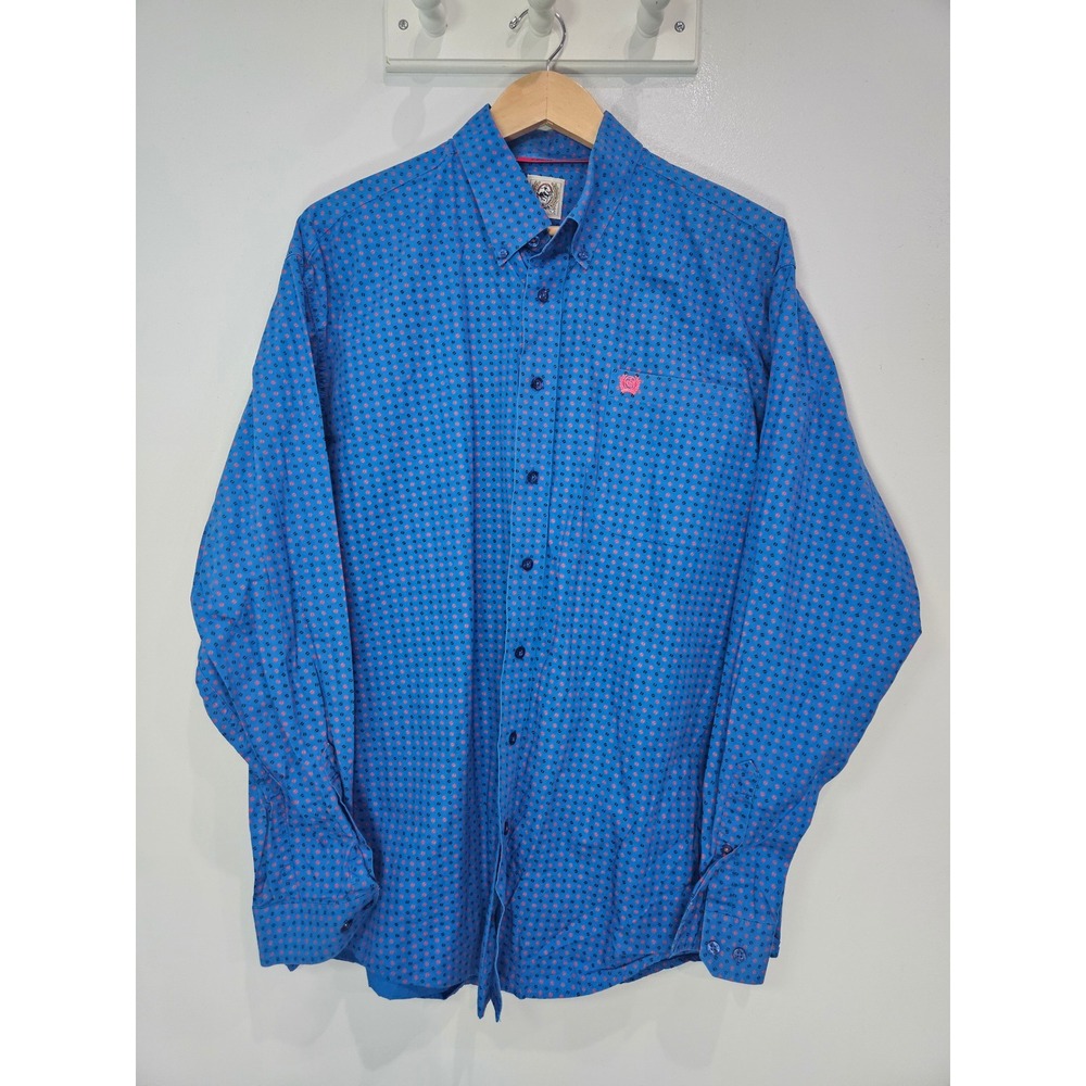 Cinch Mens Blue Pink Geometric Print Long Sleeve Western Button Down Shirt L